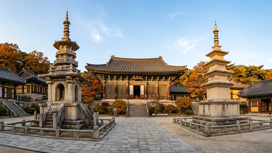 The harmonious autumn scenery of Dabotap and Seokgatap pagodas in front of Bulguksa's main hall
