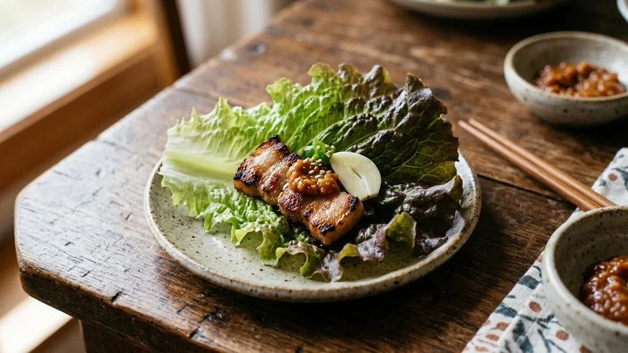 신선한 상추 위에 잘 익은 고기 한 점과 쌈장 마늘을 올려 만든 맛있는 쌈