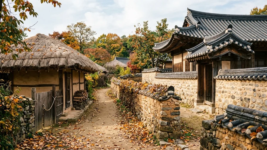가을빛 안동 하회마을의 돌담길과 초가집 기와집 풍경
