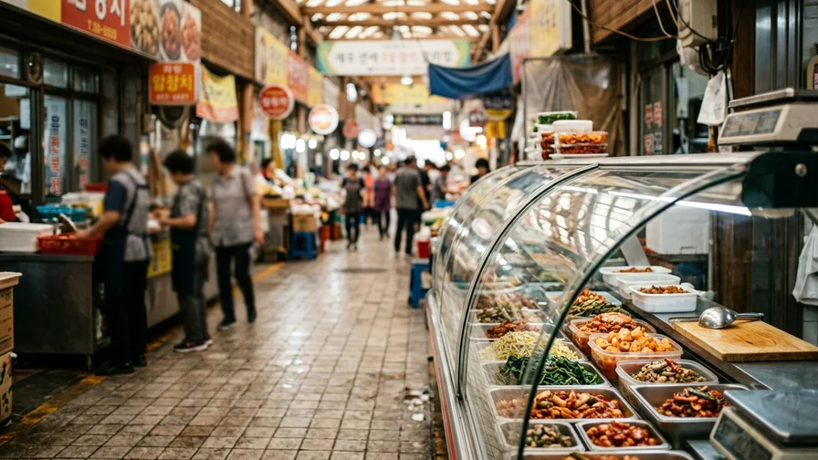 반찬가게 내부에서 시장 통로 쪽을 바라본 풍경