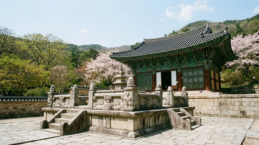 The Diamond Altar at Tongdosa in Yangsan in spring, with the Jeokmyeolbogung hall behind it