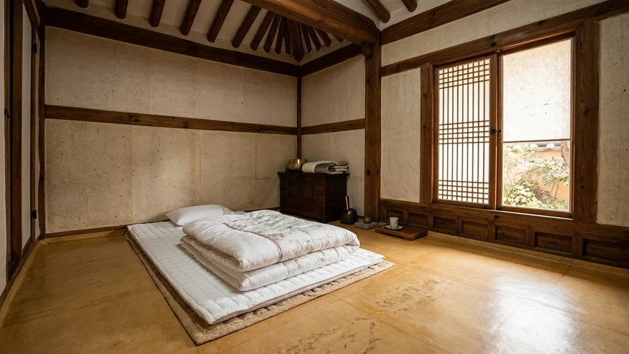 A neatly arranged set of white bedding on the floor of a hanok ondol room over hanji flooring