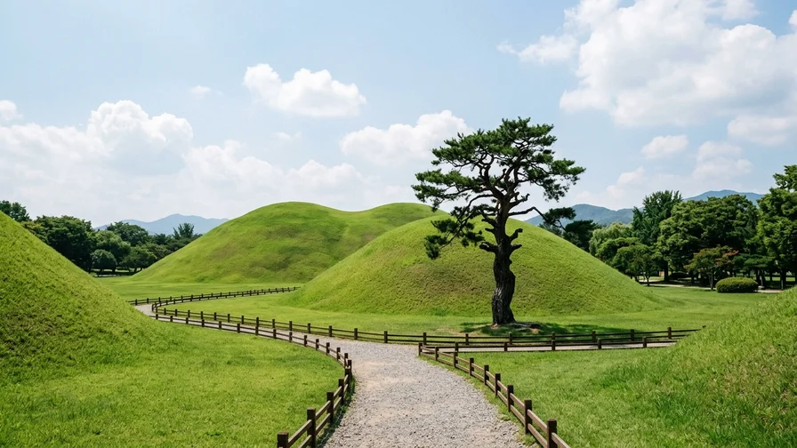 The massive, gently rolling ridgelines of Daereungwon covered in green grass