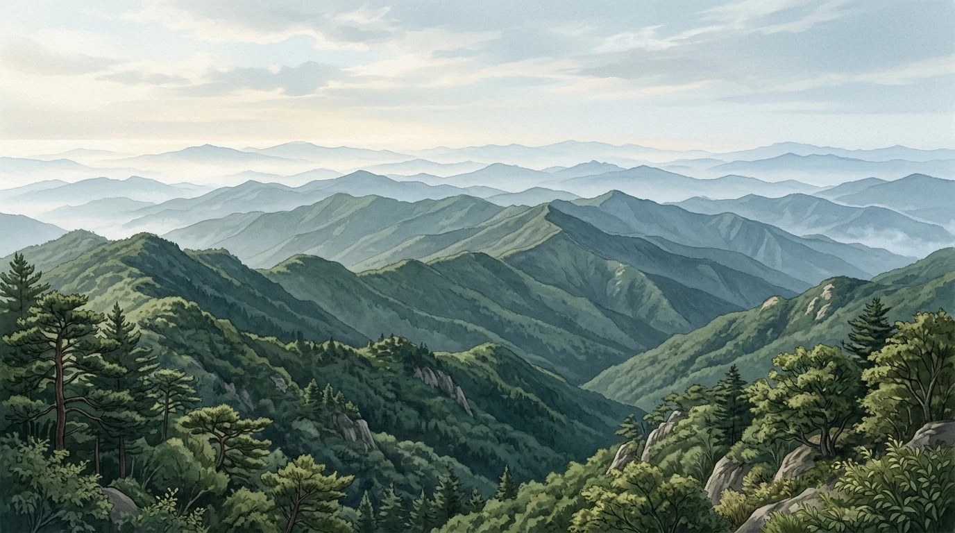 Baekdudaegan ridgelines receding to the horizon, the spine of Korea
