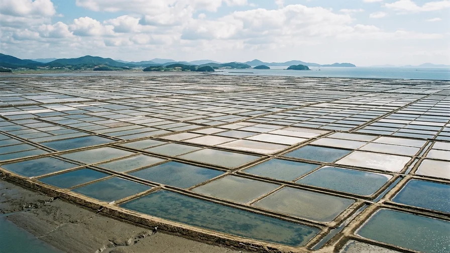 The vast, geometrically arranged solar salt farm built on the Sinan tidal flats