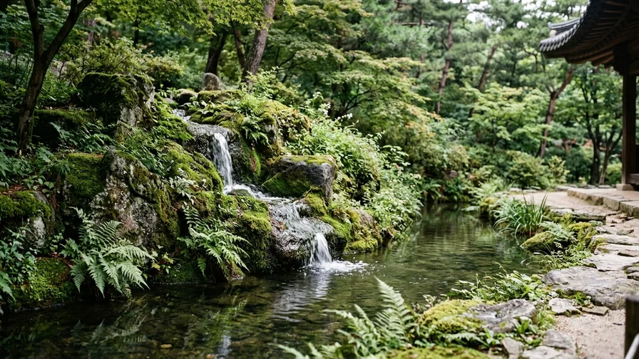 A small waterfall flowing among rocks in a quiet garden and moss-covered stones